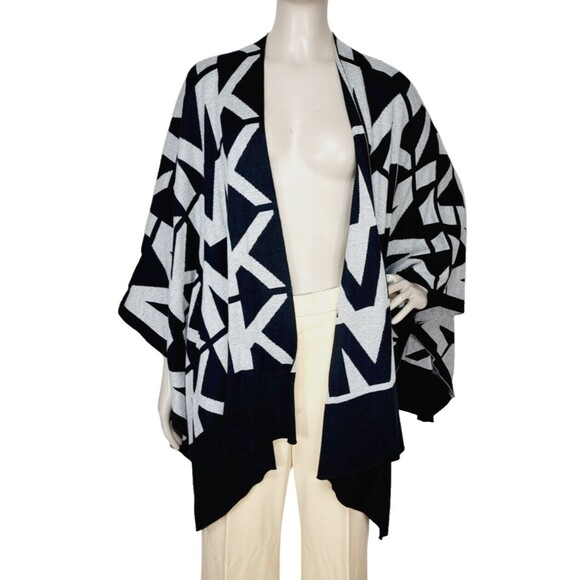 Michael Kors MK BLK/GRY Logo Knit Open Front Poncho Cape Sweater Weather L/XL - Picture 1 of 9